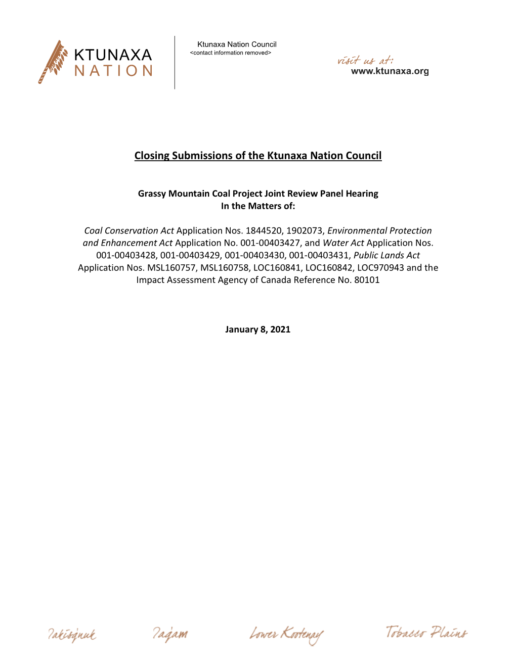 Closing Submissions of the Ktunaxa Nation Council