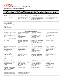 Directory of Referral Sources in the Greater Montreal Area