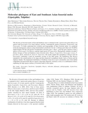 Molecular Phylogeny of East and Southeast Asian Fossorial Moles (Lipotyphla, Talpidae)