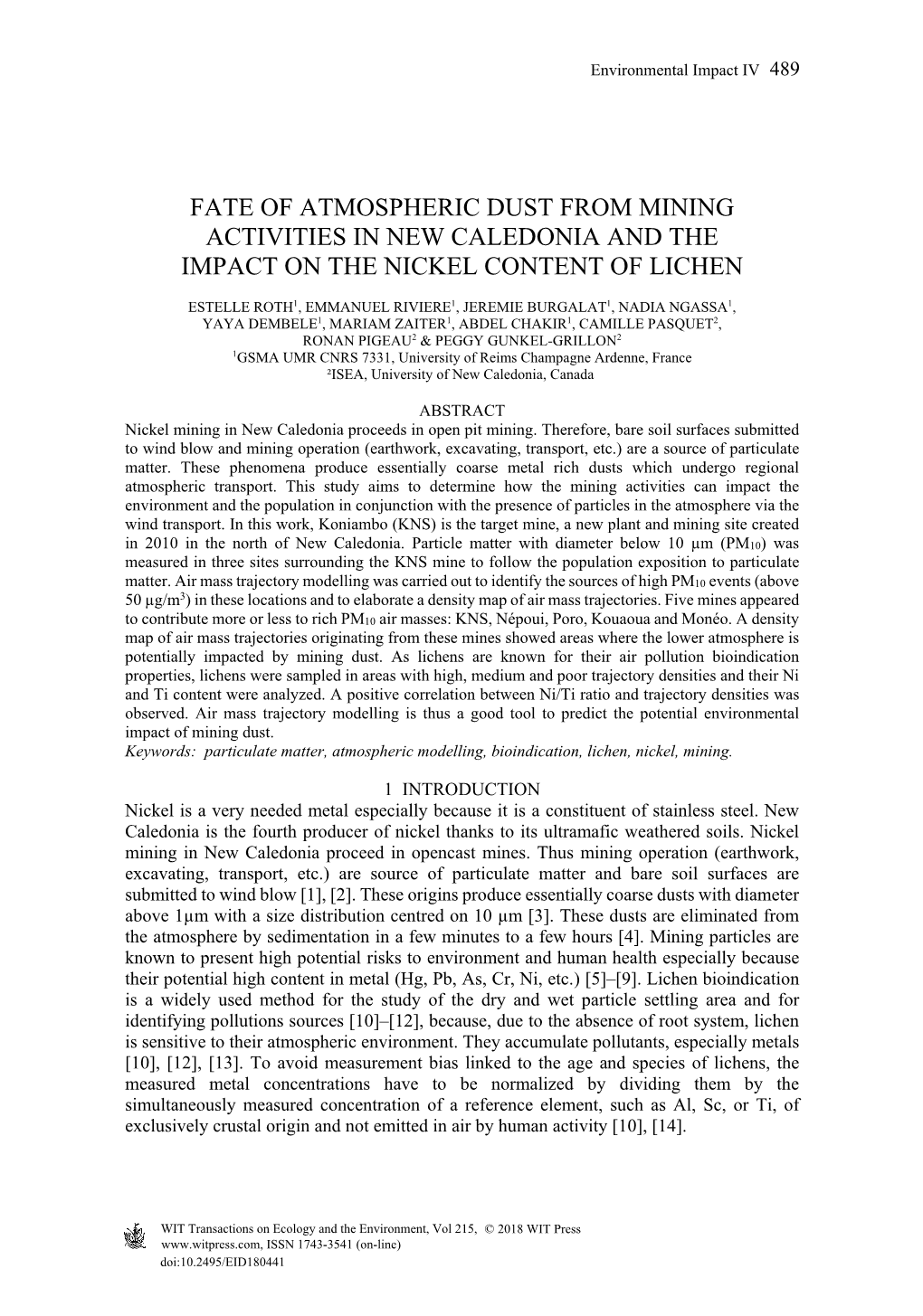 Fate of Atmospheric Dust from Mining Activities in New Caledonia and the Impact on the Nickel Content of Lichen