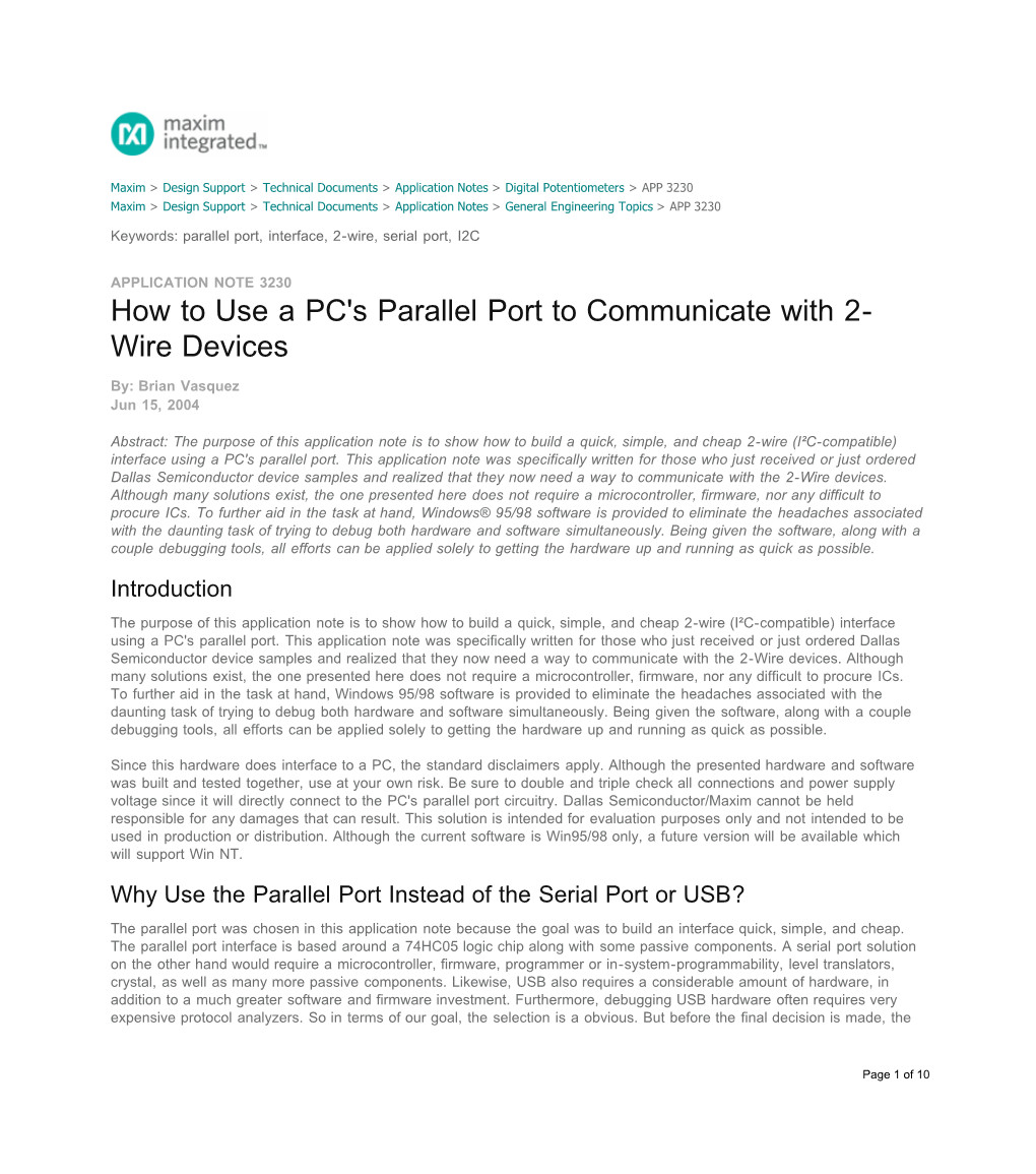 How to Use a PC's Parallel Port to Communicate with 2- Wire Devices