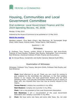 Local Government Finance and the 2019 Spending Review, HC 2036