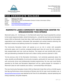 Mammoth Lakes Community Recreation Center to Breakground This Spring