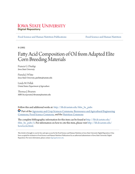 Fatty Acid Composition of Oil from Adapted Elite Corn Breeding Materials Francie G