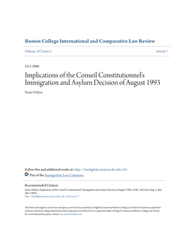 Implications of the Conseil Constitutionnel's Immigration and Asylum Decision of August 1993 Susan Soltesz