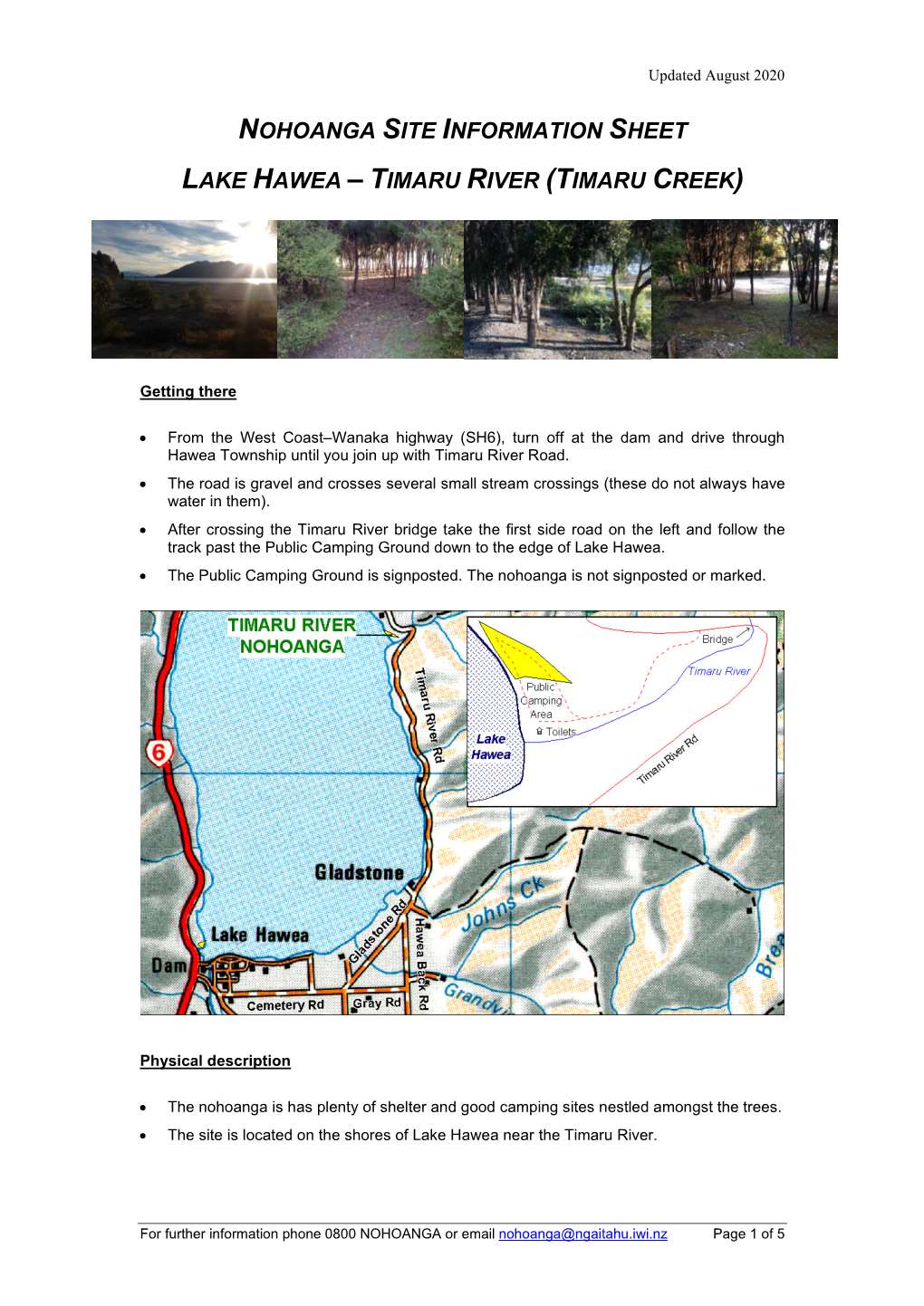 Nohoanga Site Information Sheet Lake Hawea – Timaru River