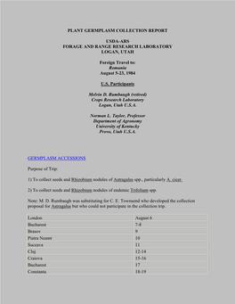 Plant Germplasm Collection Report Usda-Ars Forage