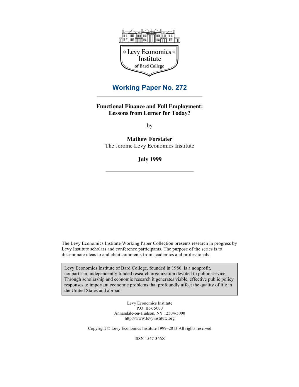 Functional Finance and Full Employment: Lessons from Lerner for Today?