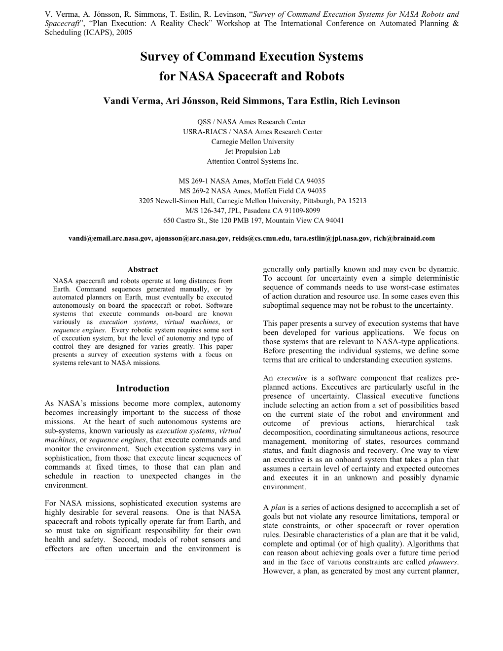 Survey of Command Execution Systems for NASA Spacecraft and Robots