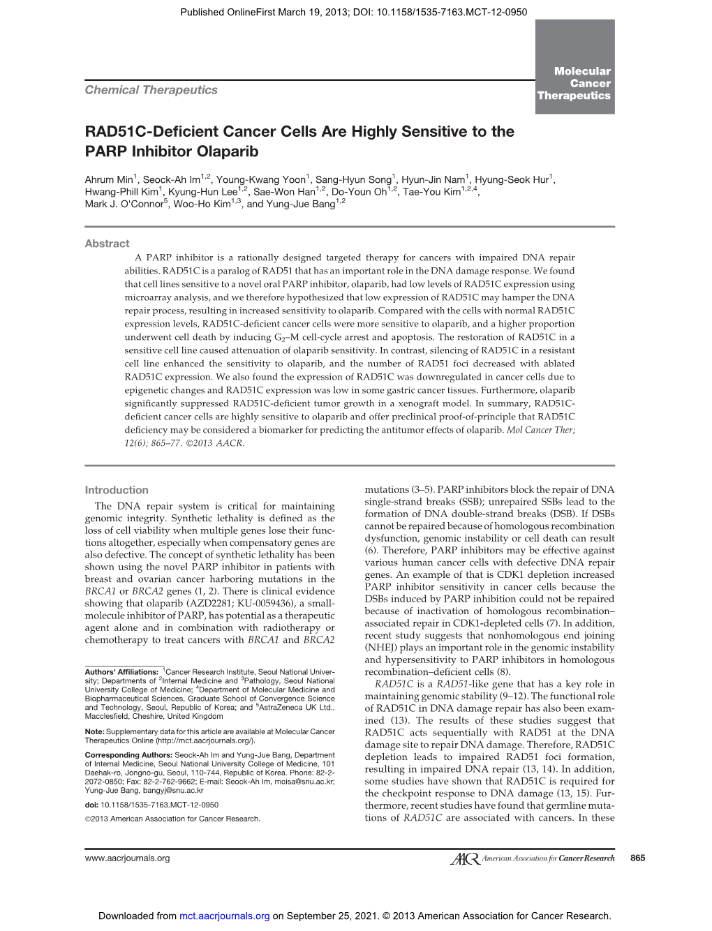 RAD51C-Deficient Cancer Cells Are Highly Sensitive to the PARP Inhibitor Olaparib