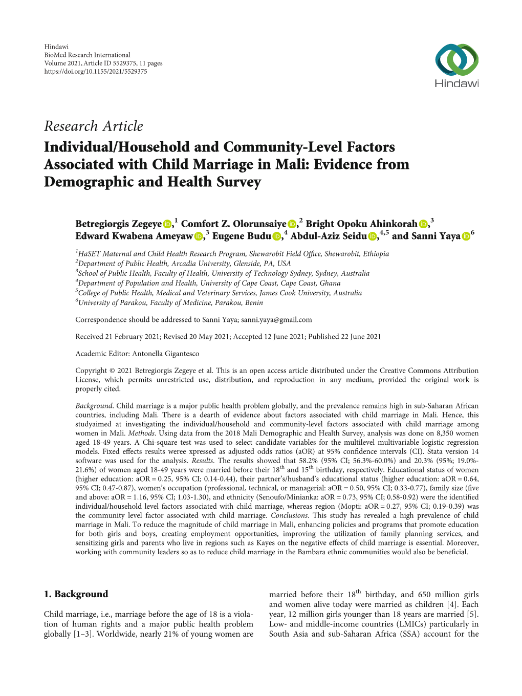 Individual/Household and Community-Level Factors Associated with Child Marriage in Mali: Evidence from Demographic and Health Survey