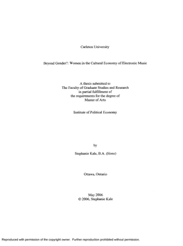 Women in the Cultural Economy of Electronic Music a Thesis Submitted