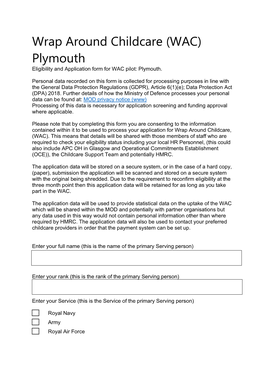 Plymouth Eligibility and Application Form for WAC Pilot: Plymouth