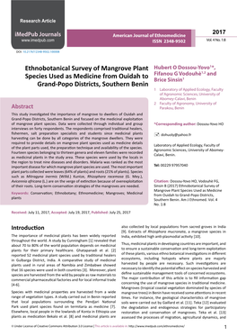 Ethnobotanical Survey of Mangrove Plant Species Used As Medicine