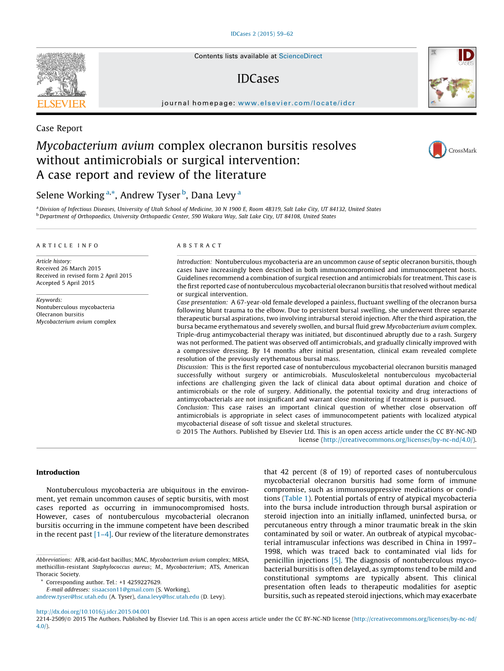 Mycobacterium Avium Complex Olecranon Bursitis Resolves