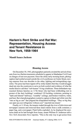 Harlem's Rent Strike and Rat War: Representation, Housing Access and Tenant Resistance in New York, 1958-1964