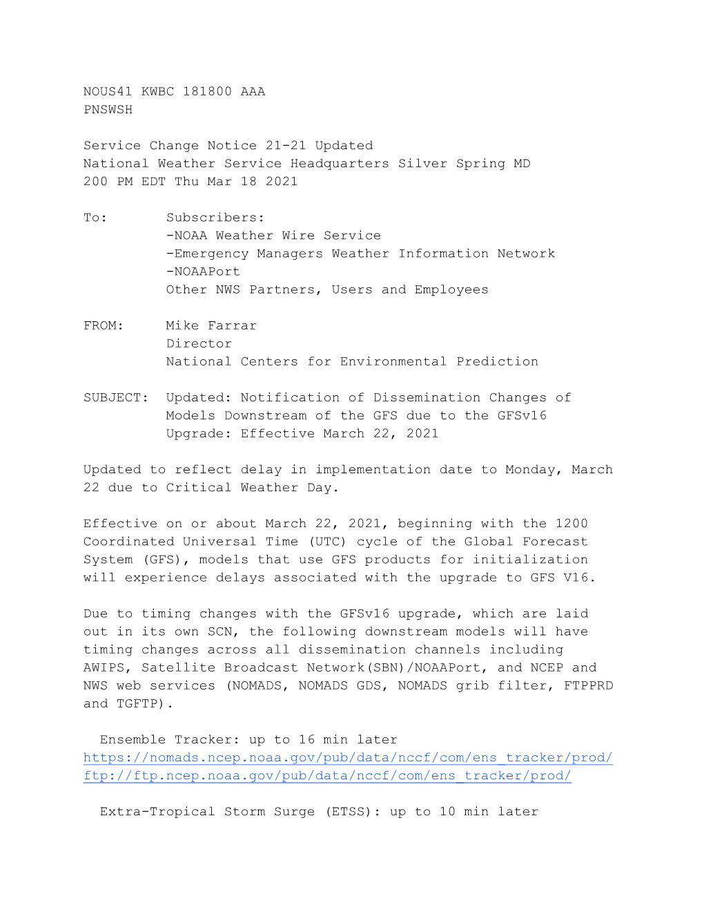 SCN21-21 Updated: Notification of Dissemination Changes of Models Downstream of the GFS Due To