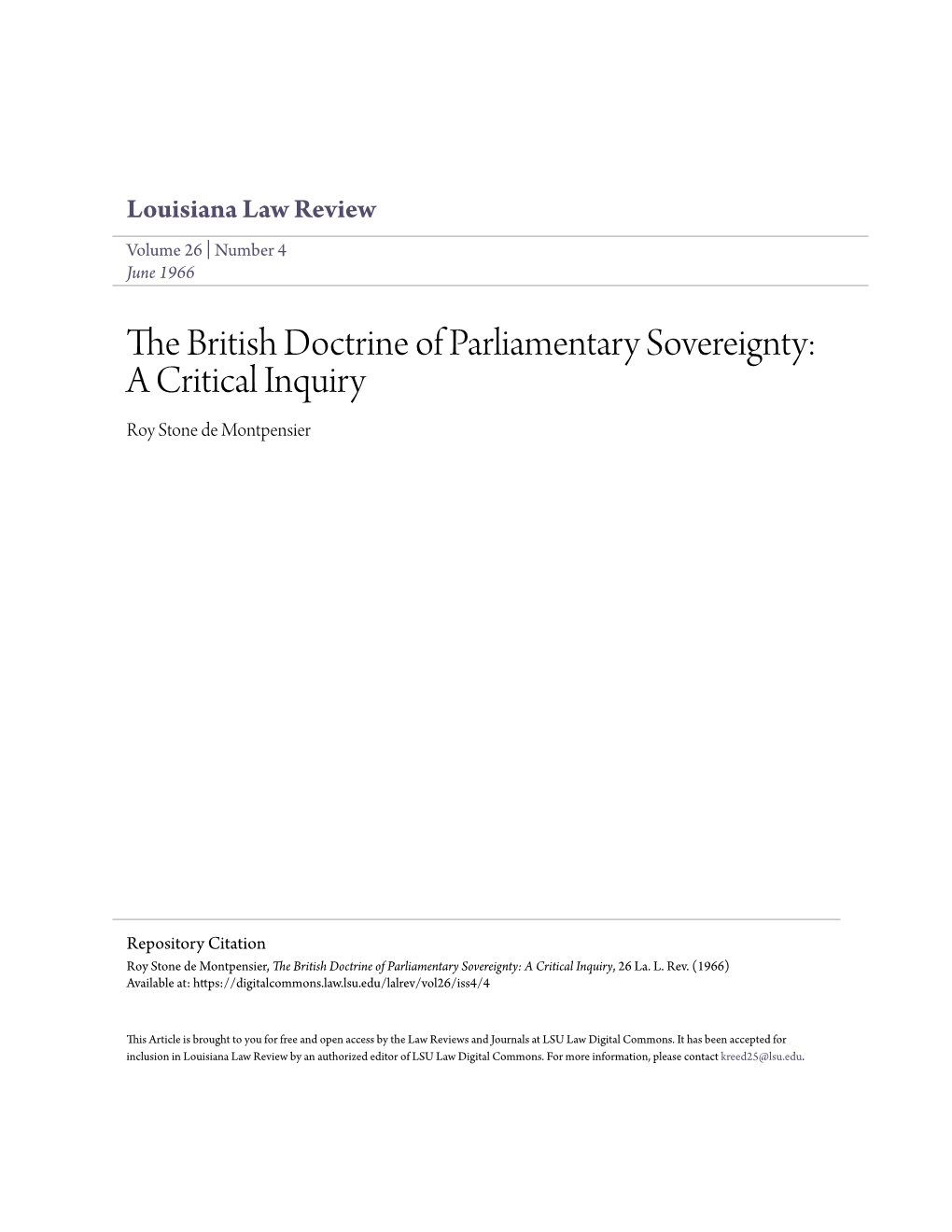 The British Doctrine of Parliamentary Sovereignty: a Critical Inquiry, 26 La