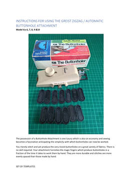 INSTRUCTIONS for USING the GREIST ZIGZAG / AUTOMATIC BUTTONHOLE ATTACHMENT Model #;S 6, 7, 8, 9 &10
