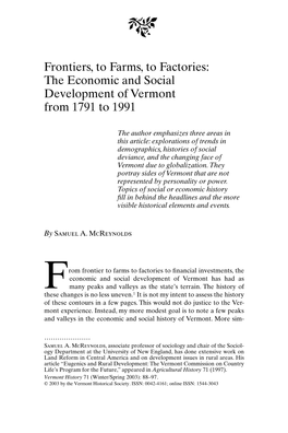 Frontiers, to Farms, to Factories: the Economic and Social Development of Vermont from 1791 to 1991