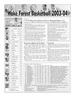 18/16 Wake Forest Deacons (4-0) Vs. Richmond Spiders (3-2) 2003-04 Saturday, Dec