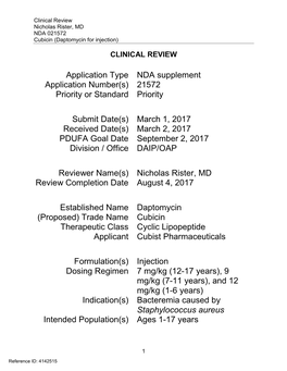 Clinical Review Nicholas Rister, MD NDA 021572 Cubicin (Daptomycin for Injection)