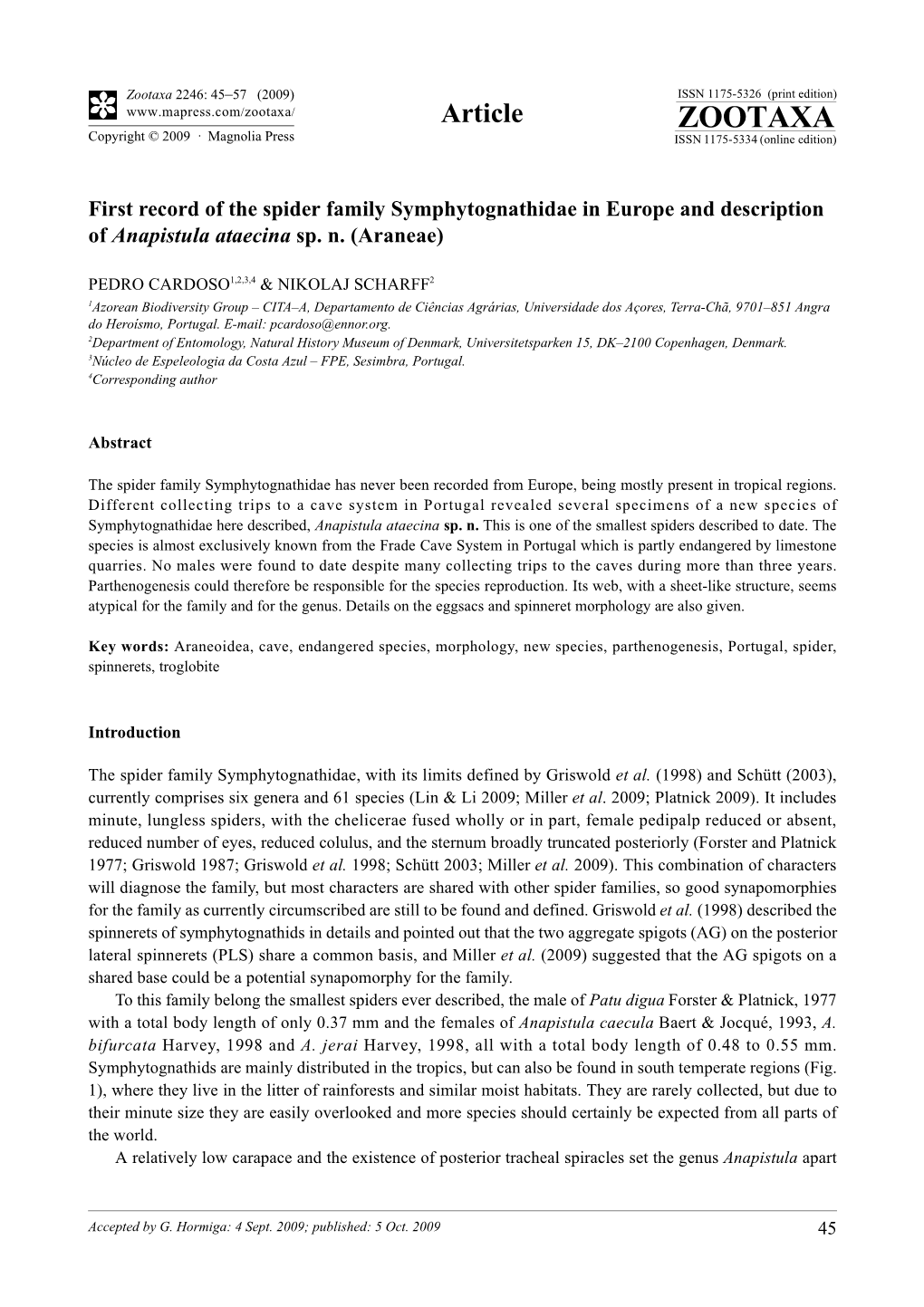 Zootaxa, First Record of the Spider Family