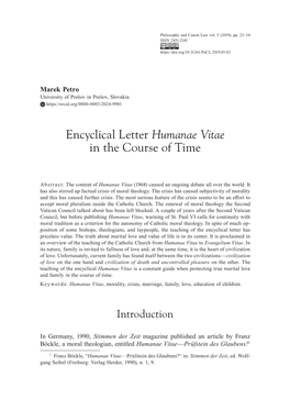 Encyclical Letter Humanae Vitae in the Course of Time