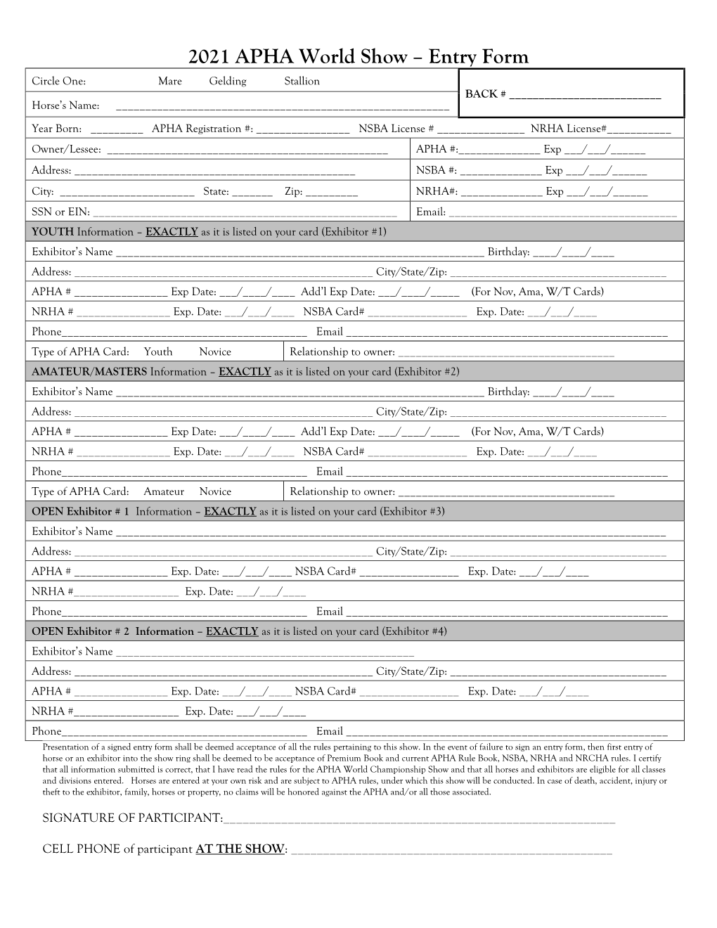2021 APHA World Show Class Entry Form