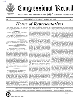 Congressional Record United States Th of America PROCEEDINGS and DEBATES of the 109 CONGRESS, FIRSTSESSION