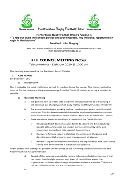 RFU COUNCIL MEETING Notes Teleconference - 12Th June 2020 @ 10.00 Am