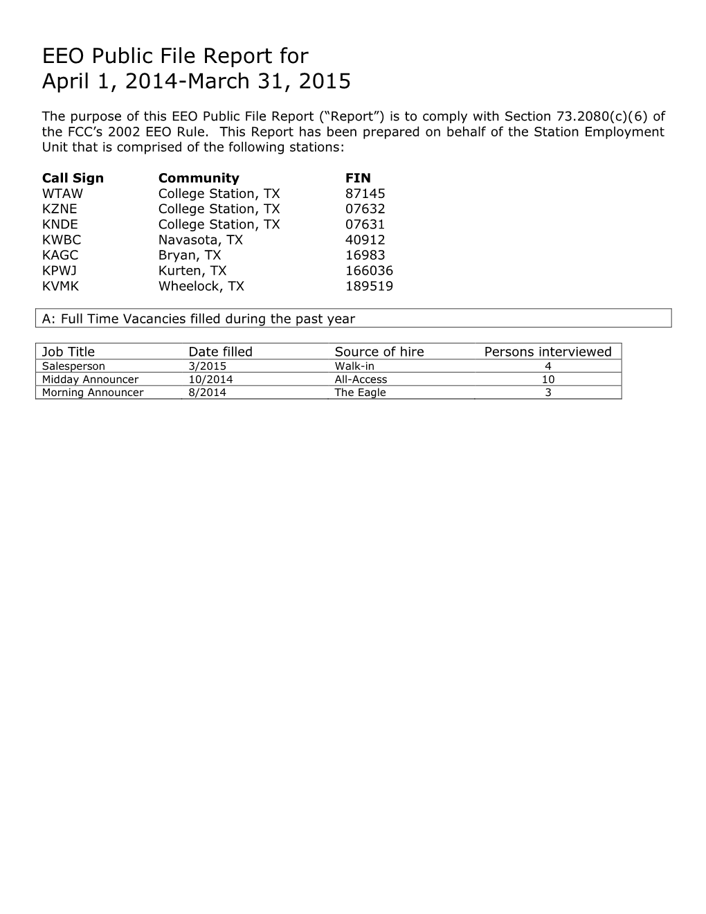 EEO Public File Report for April 1, 2014-March 31, 2015