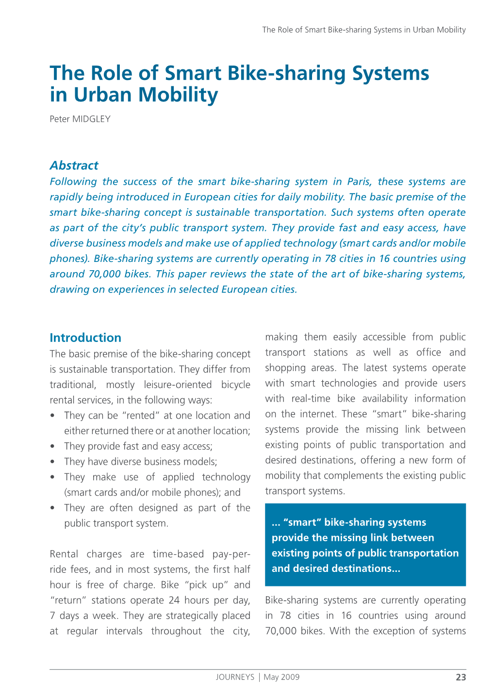 The Role of Smart Bike-Sharing Systems in Urban Mobility