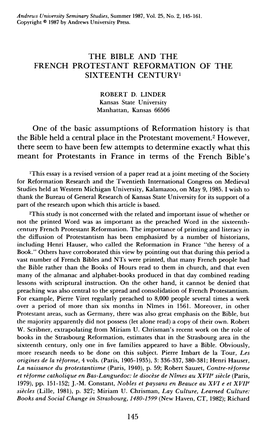 The Bible and the French Protestant Reformation of the Sixteenth Century'