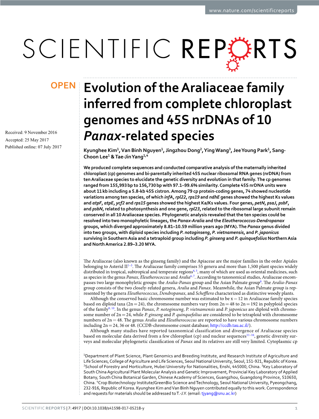 Evolution of the Araliaceae Family Inferred from Complete Chloroplast