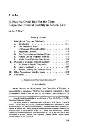 Articles It Does the Crime but Not the Time: Corporate Criminal Liability In