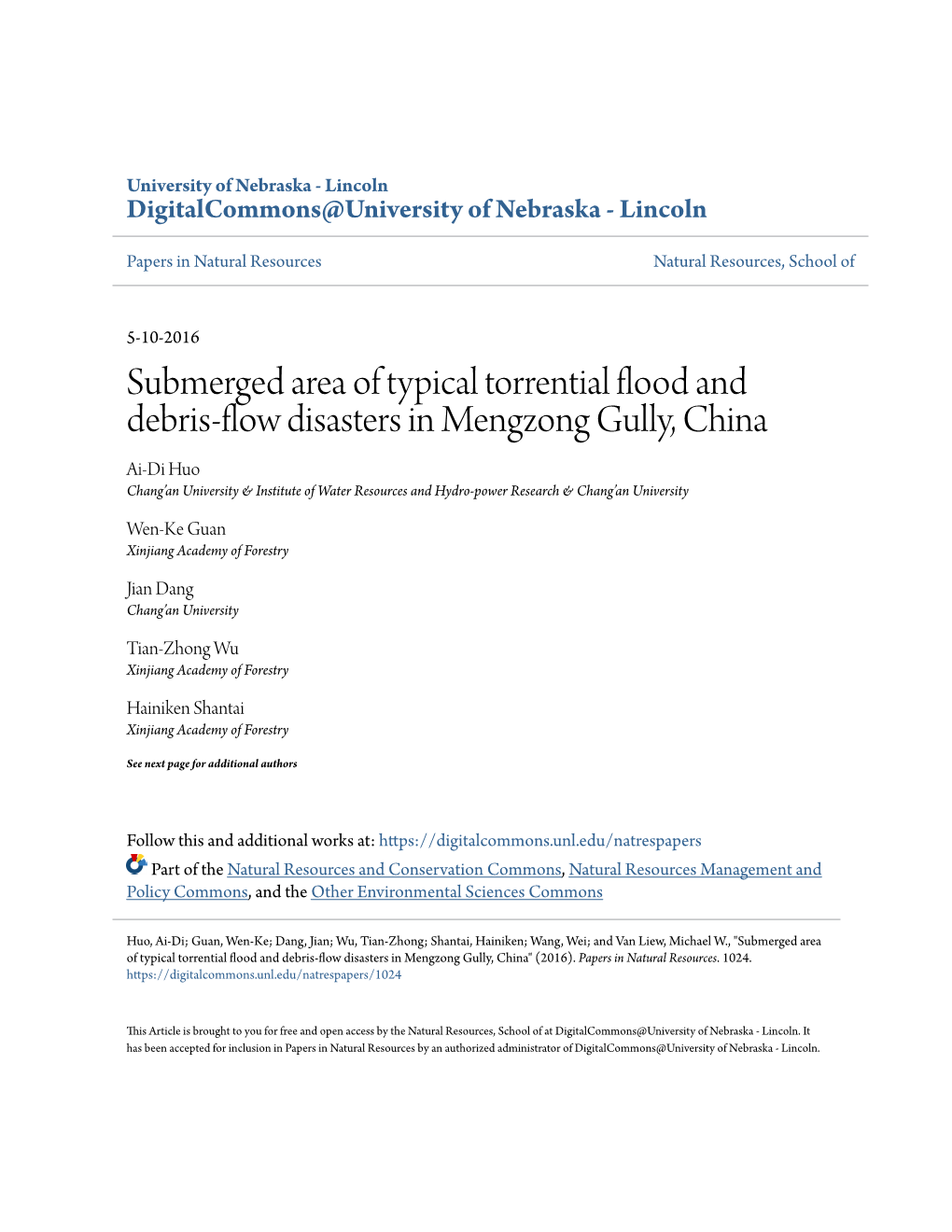 Submerged Area of Typical Torrential Flood and Debris-Flow Disasters In