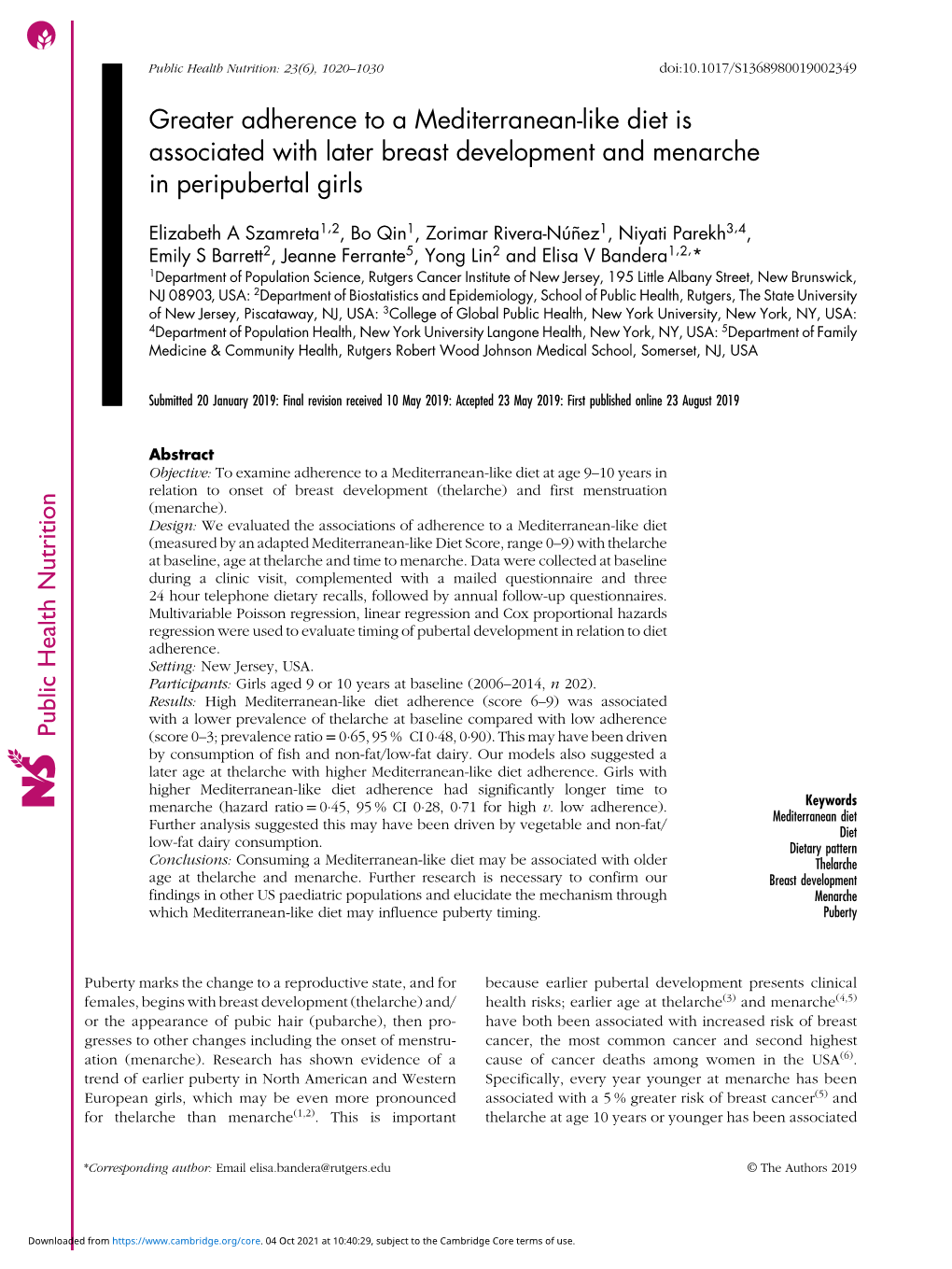 Greater Adherence to a Mediterranean-Like Diet Is Associated with Later Breast Development and Menarche in Peripubertal Girls