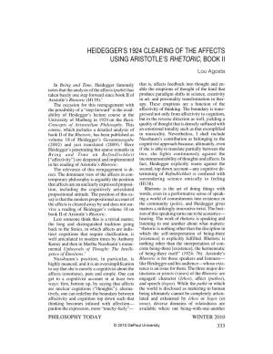 Heidegger's 1924 Clearing of the Affects Using Aristotle's Rhetoric, Book II