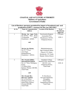 COASTAL AQUACULTURE AUTHORITY Ministry of Agriculture Government of India