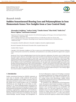 Research Article Sudden Sensorineural Hearing Loss and Polymorphisms in Iron Homeostasis Genes: New Insights from a Case-Control Study