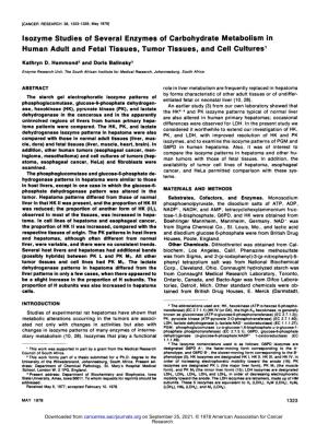 Isozyme Studies of Several Enzymes of Carbohydrate Metabolism in Human Adult and Fetal Tissues, Tumor Tissues, and Cell Cultures1