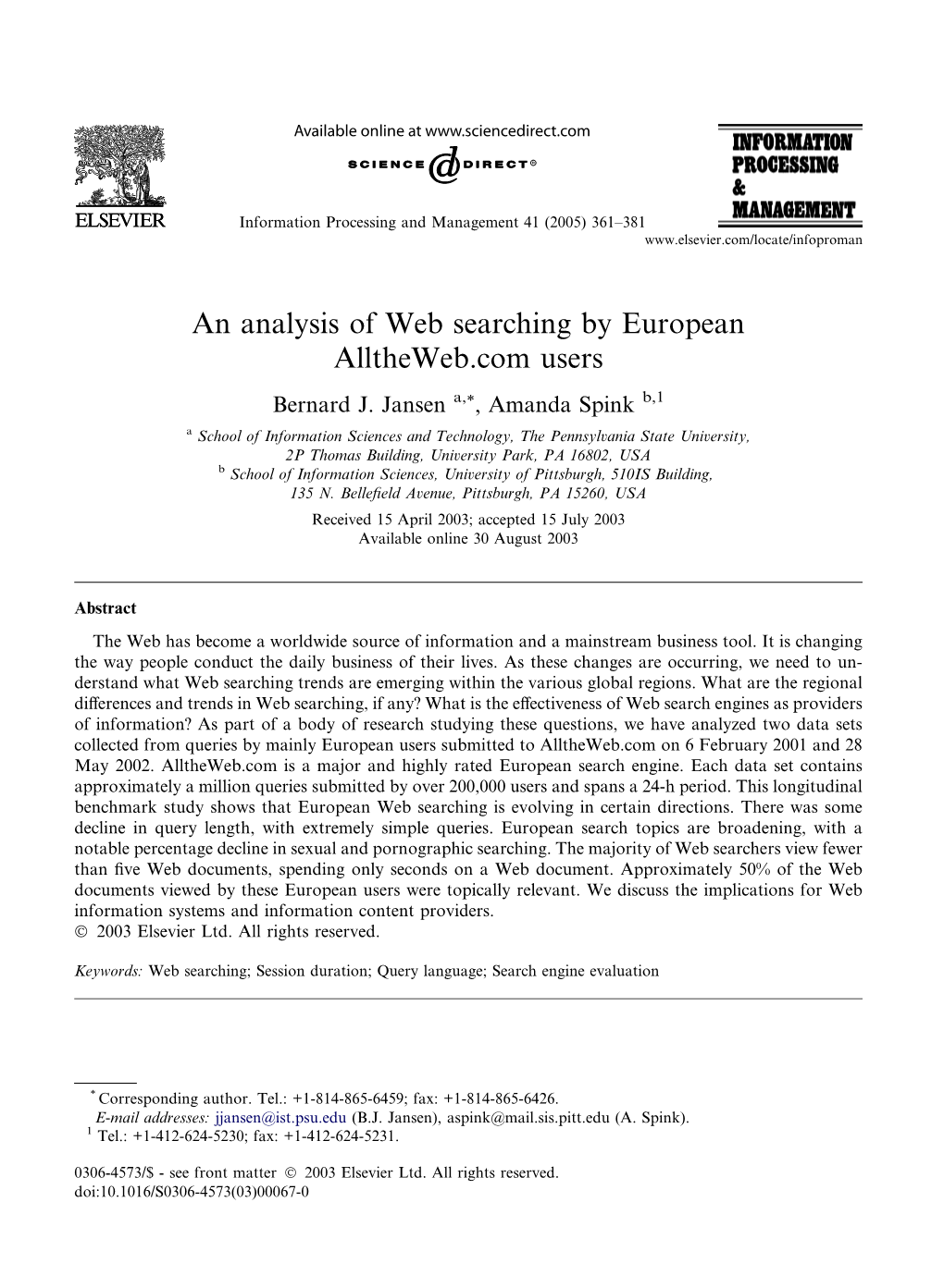 An Analysis of Web Searching by European Alltheweb.Com Users Bernard J