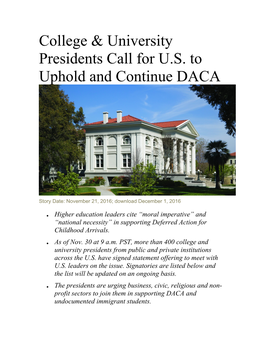 College & University Presidents Call for U.S. to Uphold and Continue DACA