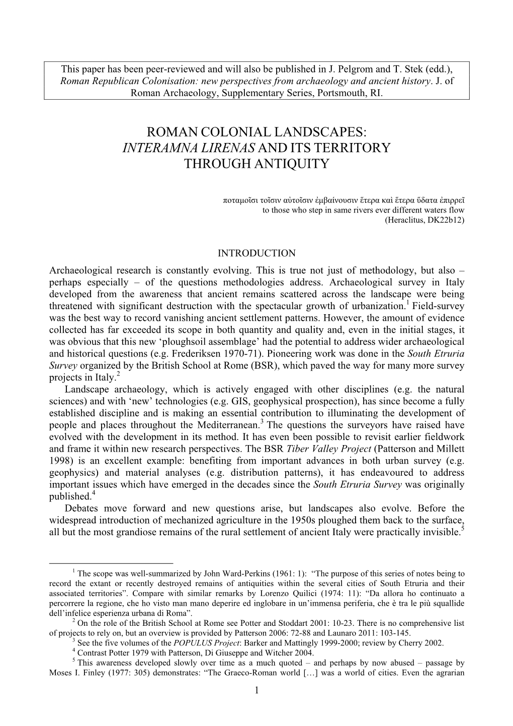 Interamna Lirenas and Its Territory Through Antiquity