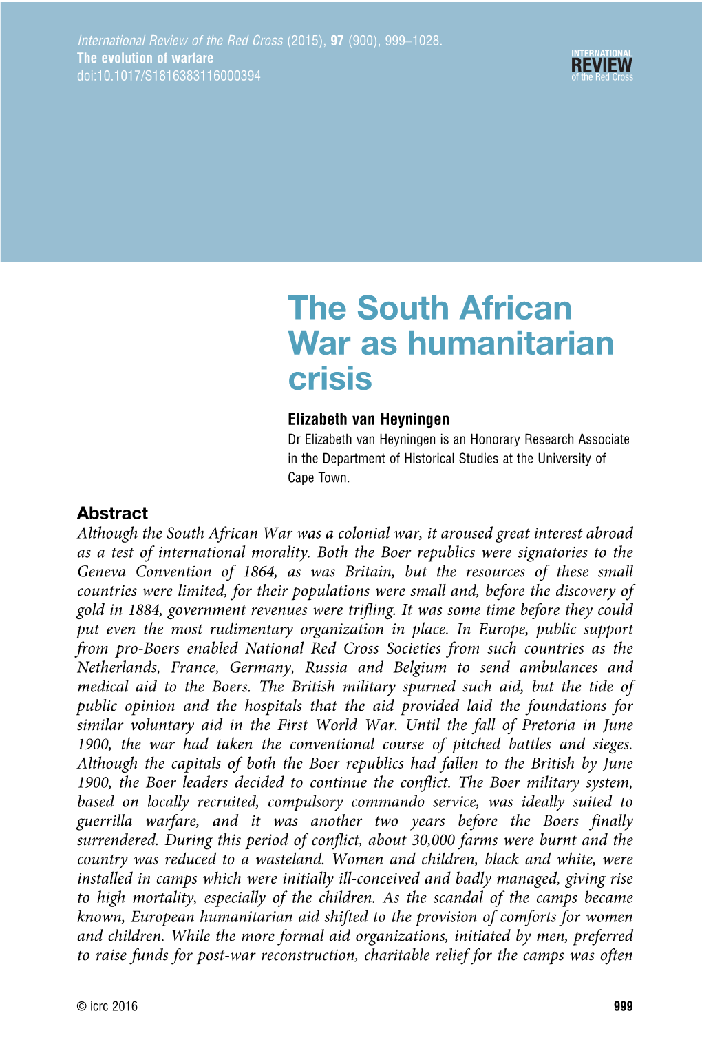 The South African War As Humanitarian Crisis