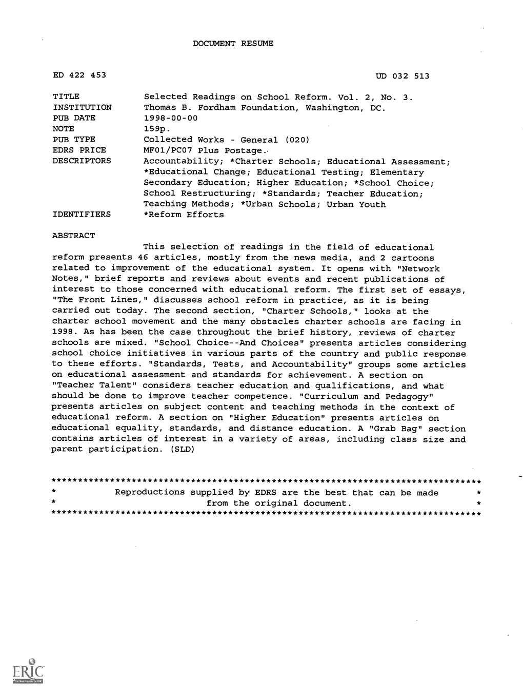 DOCUMENT RESUME Selected Readings on School Reform. Vol. 2, No. 3. Thomas B. Fordham Foundation, Washington, DC. Accountability