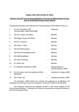ANIMAL WELFARE BOARD of INDIA Minutes of the 50Th Annual General