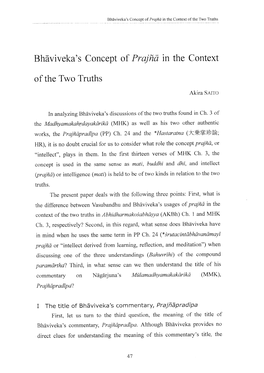 Bh[Viveka's Concept of Prajfia in the Context of the Two Truths