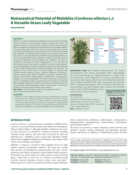 Nutraceutical Potential of Molokhia (Corchorus Olitorius L.): a Versatile Green Leafy Vegetable Faiyaz Ahmed